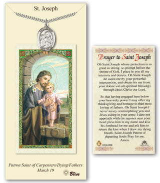 Pewter Saint Joseph Medal on an 24 inch Heavy Curb Chain with a Prayer to St Joseph Prayer Card. Engraved Catholic Saint Jewelry