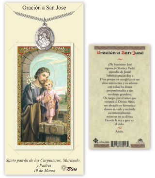 Pewter San Jose Medal on an 24 inch Heavy Curb Chain with a Prayer to St Joseph Prayer Card. Engraved Catholic Saint Jewelry