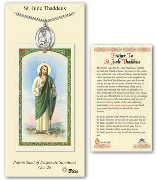 Pewter Saint Jude Thaddeus Medal on an 24 inch Heavy Curb Chain with a Prayer to St Jude Thaddeus Prayer Card. | Engravable
