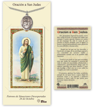 Pewter San Judas Medal on an 24 inch Heavy Curb Chain with a Prayer to St Jude Thaddeus Prayer Card. Engraved Catholic Saint Jewelry
