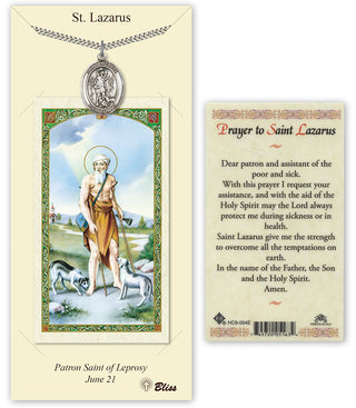 Pewter Saint Lazarus Medal on an 24 inch Heavy Curb Chain with a Prayer to Saint Lazarus Prayer Card. Engraved Catholic Saint Jewelry