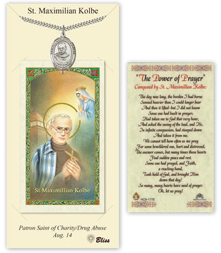 Pewter Saint Maximilian Kolbe Medal on an 24 inch Heavy Curb Chain with a Prayer to St Maximillian Kolbe Prayer Card. Engraved Catholic Saint Jewelry