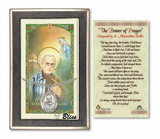 Silver Filled Saint Maximilian Kolbe Medal on an 24 inch Heavy Curb Chain with a Prayer to St Maximillian Kolbe Prayer Card. Engraved Catholic Saint Jewelry
