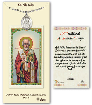 Pewter Saint Nicholas Medal on an 24 inch Heavy Curb Chain with a Traditional St Nicholas Prayer Prayer Card. Engraved Catholic Saint Jewelry