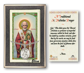 Sterling Silver Saint Nicholas Medal | 24-inch Chain | Traditional St Nicholas Prayer Prayer Card Engraved Catholic Saint Jewelry