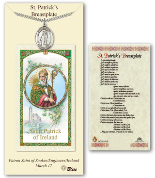 Pewter Saint Patrick Medal on an 24 inch Heavy Curb Chain with a Prayer to St Patrick'S Breastplate Prayer Card. Engraved Catholic Saint Jewelry