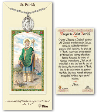 Pewter Saint Patrick Medal on an 24 inch Heavy Curb Chain with a Prayer to St Patrick Prayer Card. Engraved Catholic Saint Jewelry