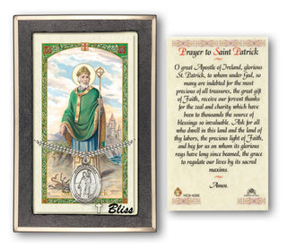 Silver Filled Saint Patrick Medal on an 24 inch Heavy Curb Chain with a Prayer to St Patrick Prayer Card. Engraved Catholic Saint Jewelry
