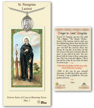 Pewter Saint Peregrine Laziosi Medal on an 24 inch Heavy Curb Chain with a Prayer to St Peregrine Prayer Card. Engraved Catholic Saint Jewelry