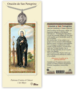 Pewter San Peregrino Medal on an 24 inch Heavy Curb Chain with a Prayer to St Peregrine Prayer Card. Engraved Catholic Saint Jewelry