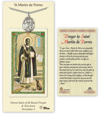 Pewter Saint Martin de Porres Medal on an 24 inch Heavy Curb Chain with a Prayer to St Martin de Porres Prayer Card. Engraved Catholic Saint Jewelry