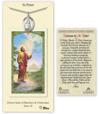 Pewter Saint Peter the Apostle Medal on an 24 inch Heavy Curb Chain with a Novena to St Peter Prayer Card. Engraved Catholic Saint Jewelry