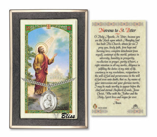 Silver Filled Saint Peter the Apostle Medal on an 24 inch Heavy Curb Chain with a Novena to St Peter Prayer Card. Engraved Catholic Saint Jewelry