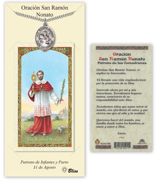Pewter San Ramon Nonato Medal on an 24 inch Heavy Curb Chain with a Prayer to St Ramond Nonatus Prayer Card. Engraved Catholic Saint Jewelry