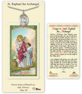 Pewter Saint Raphael the Archangel Medal on an 24 inch Heavy Curb Chain with a Prayer to St Raphael the Archangel Prayer Card. Engraved Catholic Saint Jewelry