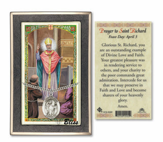 Silver Filled Saint Richard Medal on an 24 inch Heavy Curb Chain with a Prayer to St Richard Prayer Card. Engraved Catholic Saint Jewelry