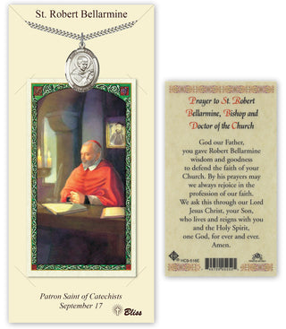Pewter Saint Robert Bellarmine Medal on an 24 inch Heavy Curb Chain with a Prayer to Saint Robert Prayer Card. Engraved Catholic Saint Jewelry