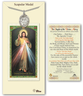 Pewter Scapular Medal on an 24 inch Heavy Curb Chain with a The Chaplet of the Divine Mercy Prayer Card.