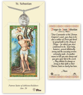 Pewter Saint Sebastian Medal on an 24 inch Heavy Curb Chain with a Prayer to St Sebastian Prayer Card. | Engravable