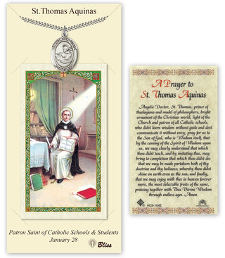 Pewter Saint Thomas Aquinas Medal on an 24 inch Heavy Curb Chain with a St Thomas Aquinas - A Student's Prayer Prayer Card. | Engravable