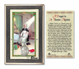 Silver Filled Saint Thomas Aquinas Medal on an 24 inch Heavy Curb Chain with a St Thomas Aquinas - A Student's Prayer Prayer Card. | Engravable