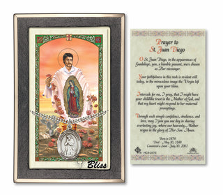 Sterling Silver Saint Juan Diego Medal on an 24 inch Heavy Curb Chain with a Prayer to St Juan Diego of Guadalupe Prayer Card.