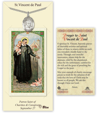 Pewter Saint Vincent de Paul Medal on an 24 inch Heavy Curb Chain with a Prayer to St Vincent de Paul Prayer Card. Engraved Catholic Saint Jewelry