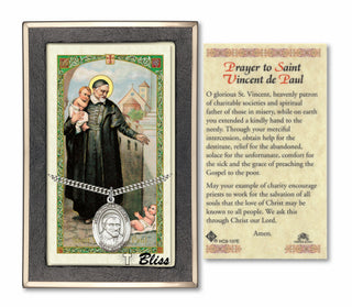 Silver Filled Saint Vincent de Paul Medal on an 24 inch Heavy Curb Chain with a Prayer to St Vincent de Paul Prayer Card. Engraved Catholic Saint Jewelry