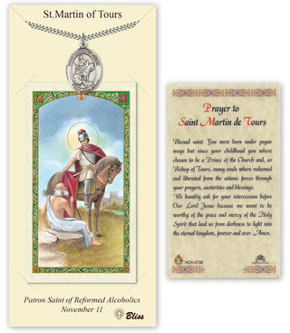 Pewter Saint Martin of Tours Medal on an 24 inch Heavy Curb Chain with a Prayer to St Martin de Tours Prayer Card. Engraved Catholic Saint Jewelry