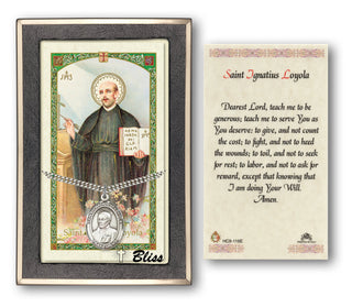 Silver Filled Saint Ignatius of Loyola Medal on an 24 inch Heavy Curb Chain with a Prayer to St Ignatius Loyola Prayer Card. Engraved Catholic Saint Jewelry
