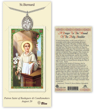 Pewter Saint Bernard of Clairvaux Medal on an 24 inch Heavy Curb Chain with a Saint Bernard Prayer Card. Engraved Catholic Saint Jewelry