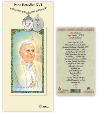 Pewter Pope Emeritace Benedict XVI Medal on an 24 inch Heavy Curb Chain with a Prayer For Pope Benedict XVI Prayer Card. Engraved Catholic Saint Jewelry