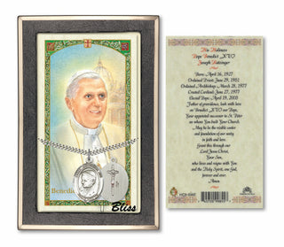 Silver Filled Pope Emeritace Benedict XVI Medal on an 24 inch Heavy Curb Chain with a Prayer For Pope Benedict XVI Prayer Card.