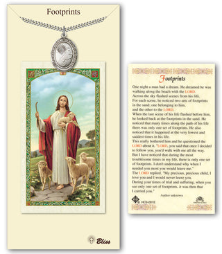 Pewter Footprints / Cross Medal on an 24 inch Heavy Curb Chain with a Good Shepherd - Footprints Prayer Card. Engraved Catholic Saint Jewelry