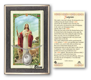 Silver Filled Footprints / Cross Medal on an 24 inch Heavy Curb Chain with a Good Shepherd - Footprints Prayer Card. Engraved Catholic Saint Jewelry