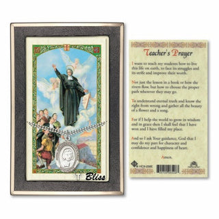 Silver Filled Saint John Baptist de la Salle Medal on an 24 inch Heavy Curb Chain with a St John Baptist de la Salle - Teacher's Prayer Prayer Card. Engraved Catholic Saint Jewelry