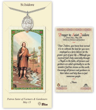 Pewter Saint Isidore the Farmer Medal on an 24 inch Heavy Curb Chain with a Prayer to Saint Isidore Prayer Card. Engraved Catholic Saint Jewelry