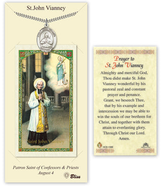 Pewter Saint John Vianney Medal on an 24 inch Heavy Curb Chain with a Prayer to St John Vianney Prayer Card. Engraved Catholic Saint Jewelry