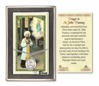 Silver Filled Saint John Vianney Medal on an 24 inch Heavy Curb Chain with a Prayer to St John Vianney Prayer Card. Engraved Catholic Saint Jewelry