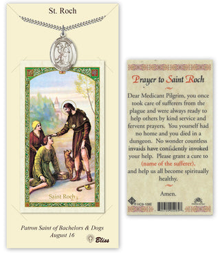 Pewter Saint Roch Medal on an 24 inch Heavy Curb Chain with a Prayer to St Roch Prayer Card. Engraved Catholic Saint Jewelry