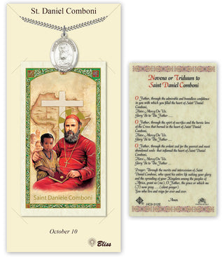 Pewter Saint Daniel Comboni Medal on an 24 inch Heavy Curb Chain with a Novena or Triduum to Saint Daniel Comboni Prayer Card. Engraved Catholic Saint Jewelry