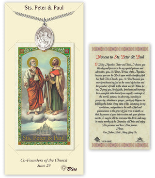 Pewter Saint Peter / Saint Paul Medal on an 24 inch Heavy Curb Chain with a Novena to Sts. Peter & Paul Prayer Card. Engraved Catholic Saint Jewelry
