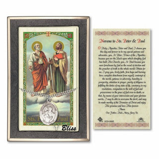 Silver Filled Saint Peter / Saint Paul Medal on an 24 inch Heavy Curb Chain with a Novena to Sts. Peter & Paul Prayer Card. Engraved Catholic Saint Jewelry