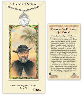 Pewter Saint Damien of Molokai Medal on an 24 inch Heavy Curb Chain with a Prayer to St Damien of Molokai Prayer Card. Engraved Catholic Saint Jewelry