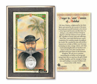 Silver Filled Saint Damien of Molokai Medal on an 24 inch Heavy Curb Chain with a Prayer to St Damien of Molokai Prayer Card. Engraved Catholic Saint Jewelry