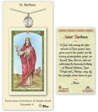 Pewter Saint Barbara Medal on an 24 inch Heavy Curb Chain with a Prayer to St Barbara Prayer Card. Engraved Catholic Saint Jewelry