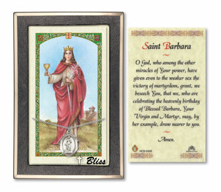 Silver Filled Saint Barbara Medal on an 18 inch Lite Curb Chain with a Prayer to St Barbara Prayer Card. Engraved Catholic Saint Jewelry