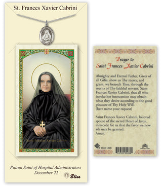 Pewter Saint Frances Cabrini Medal on an 18 inch Lite Curb Chain with a Prayer to Saint Frances Xavier Cabrini Prayer Card. Engraved Catholic Saint Jewelry