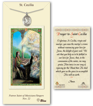 Pewter Saint Cecilia Medal on an 18 inch Light Curb Chain with a Prayer to Saint Cecilia Prayer Card Engraved Catholic Saint Jewelry