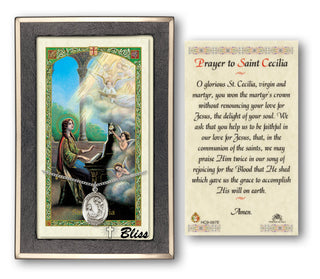 Silver Filled Saint Cecilia Medal on an 18 inch Lite Curb Chain with a Prayer to St Cecilia Prayer Card. Engraved Catholic Saint Jewelry